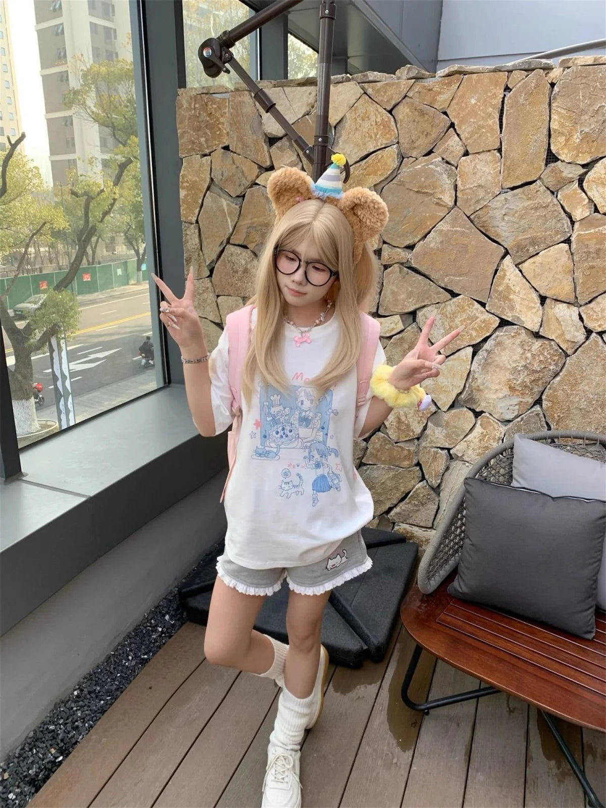 Cat Embroidery Elastic Waist Short