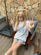 Cat Embroidery Elastic Waist Short