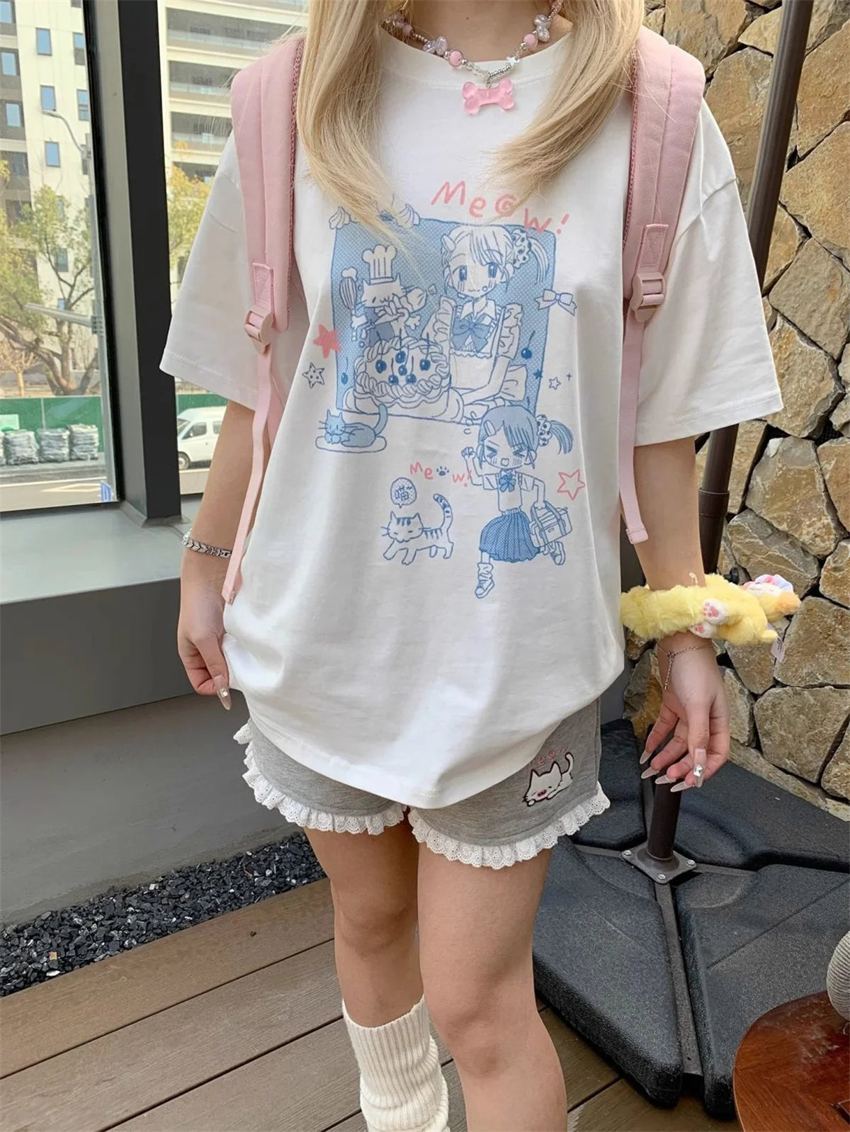Cat Embroidery Elastic Waist Short