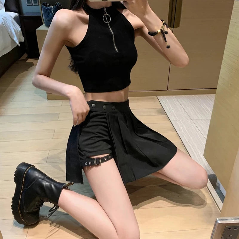 High Waist Pleated Punk  skirt with shorts