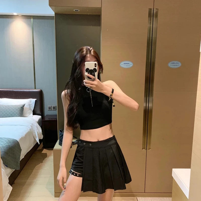 High Waist Pleated Punk  skirt with shorts
