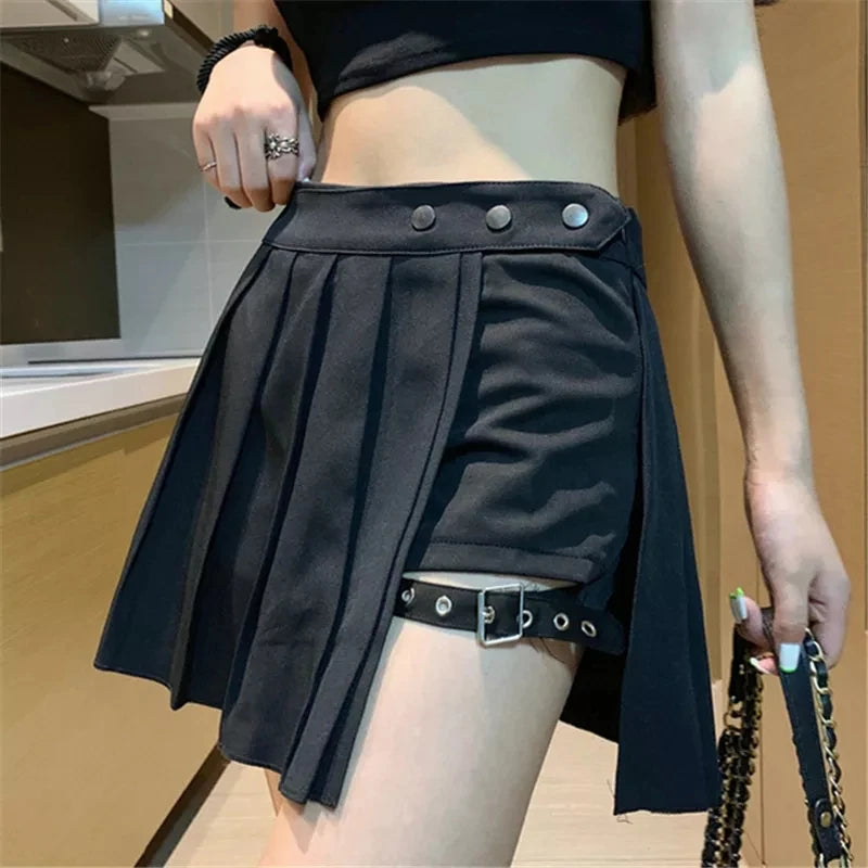High Waist Pleated Punk  skirt with shorts
