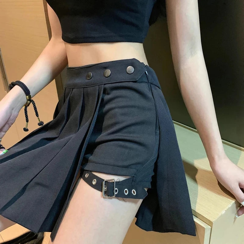 High Waist Pleated Punk  skirt with shorts