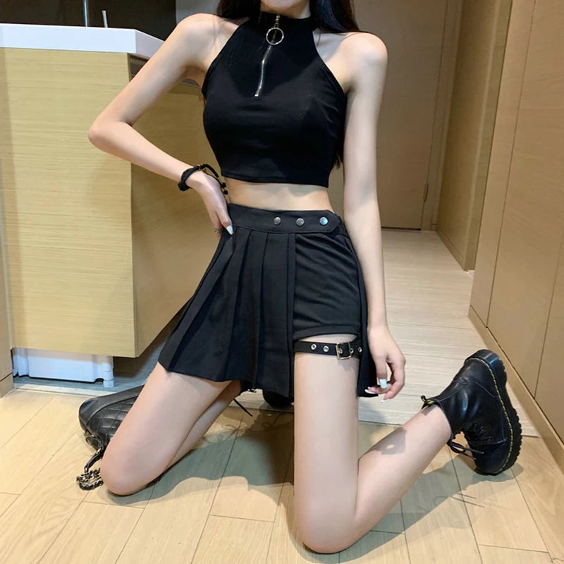 High Waist Pleated Punk  skirt with shorts