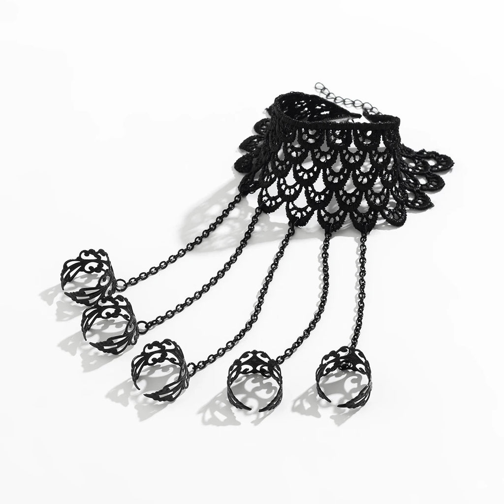 IngeSight.Z Gothic Black Open Ring Lace Long Link Chain Bracelet