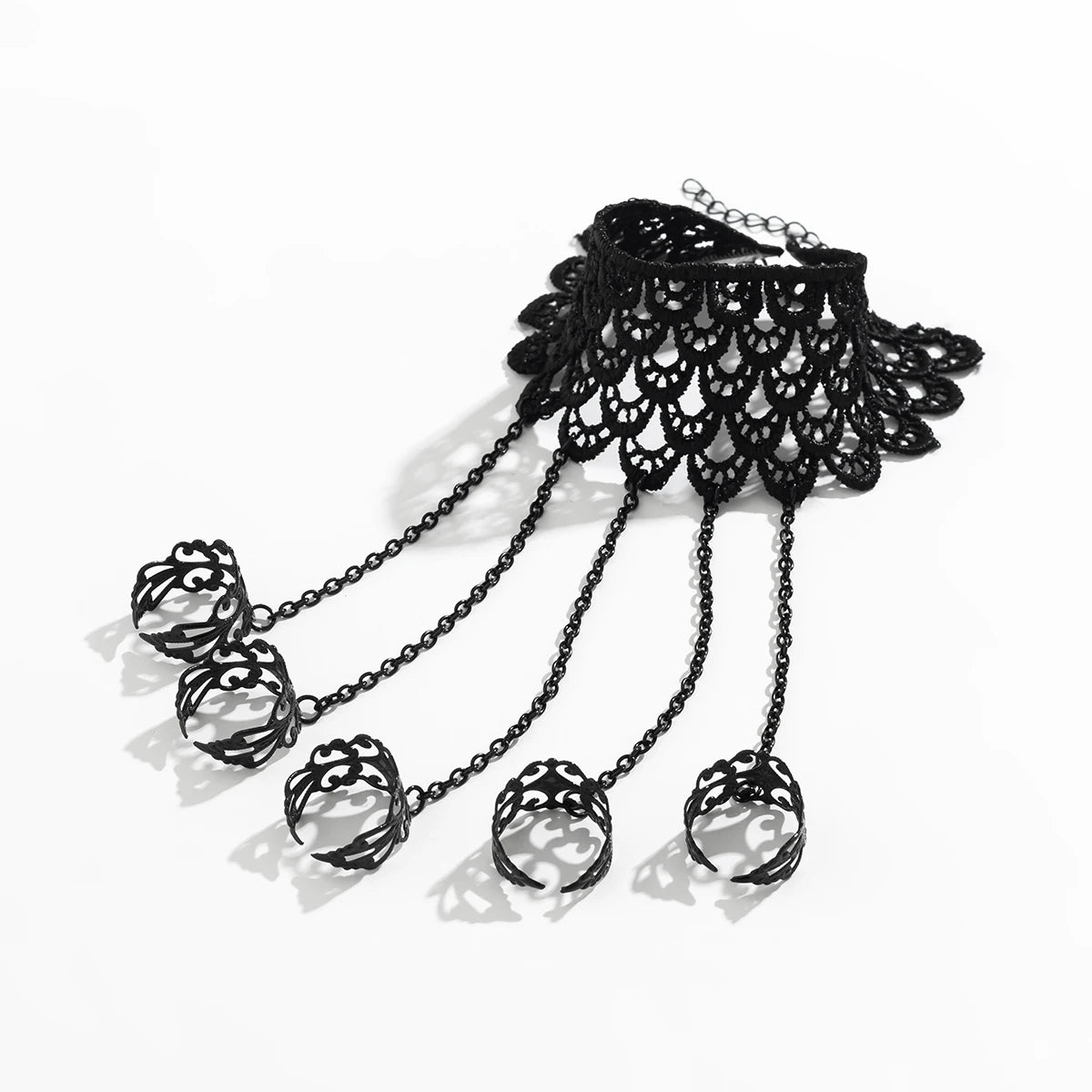 IngeSight.Z Gothic Black Open Ring Lace Long Link Chain Bracelet