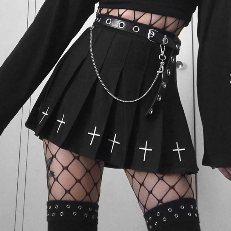 Black/white High Waist Mini Skirts Cross Print