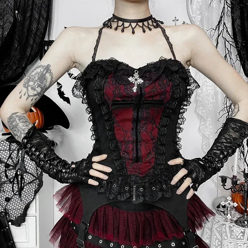 Y2K Skeleton Printed Black Corset/ Crop Top