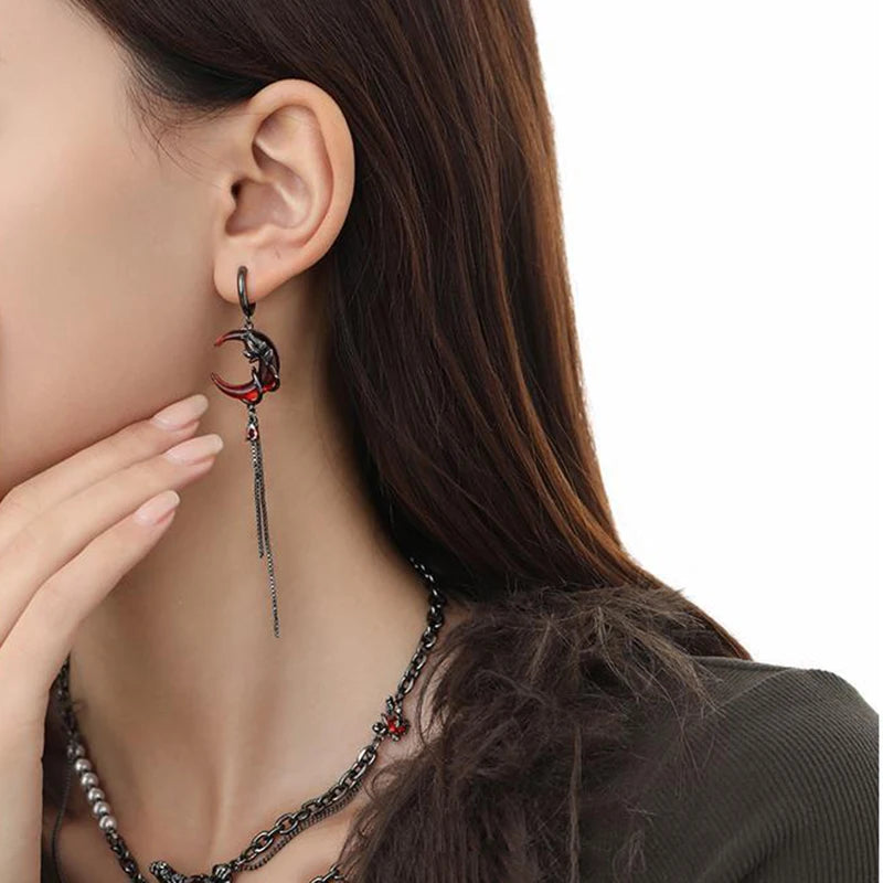 Red Moon Gem Asymmetric Earrings