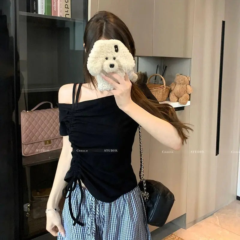 Sweet One shoulder Drawstring Short sleeve T shirt