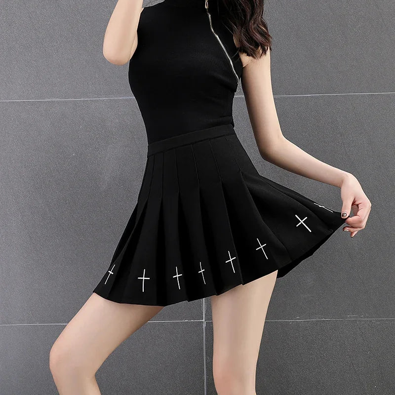 Black/white High Waist Mini Skirts Cross Print