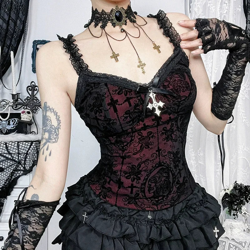 Y2K Skeleton Printed Black Corset/ Crop Top