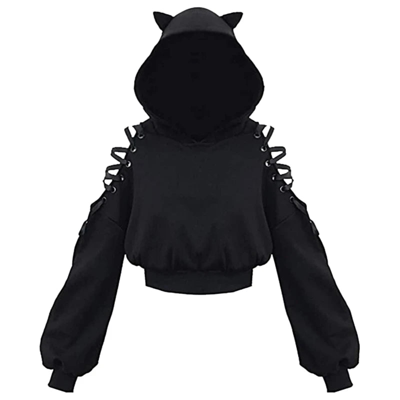 Y2k Gothic  Cat Ear Crop Top Hooded Sweatshirt