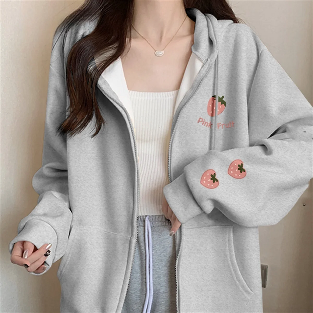 Strawberry Print Zipper Hooded Jacket