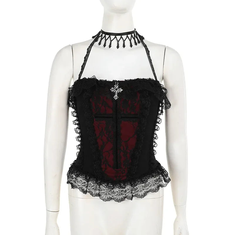 Y2K Skeleton Printed Black Corset/ Crop Top