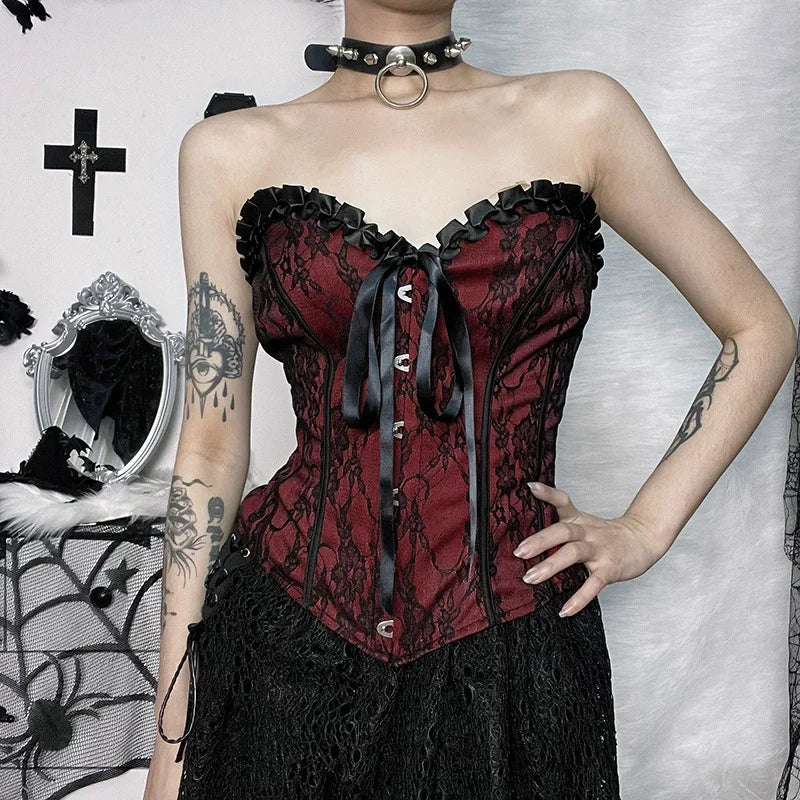 Y2K Skeleton Printed Black Corset/ Crop Top