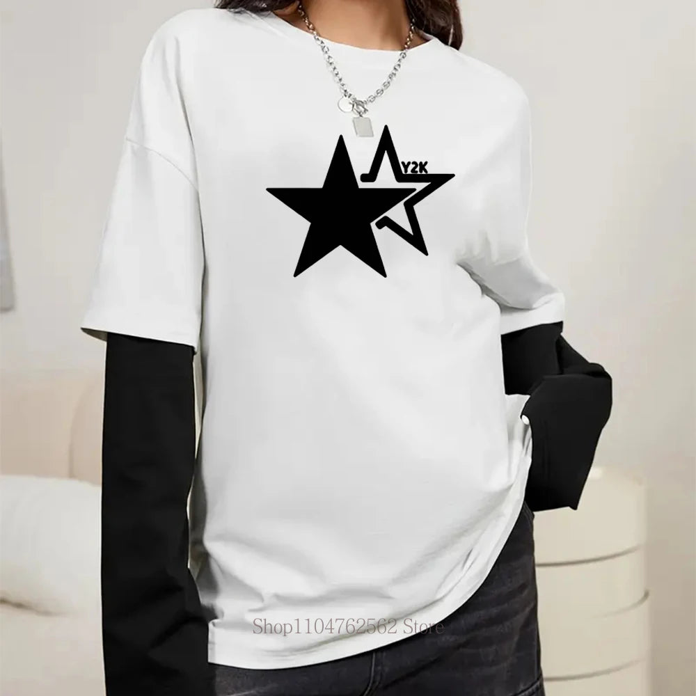 Y2K Star  Print Graphic Fake Two Long Sleeved T-shirt