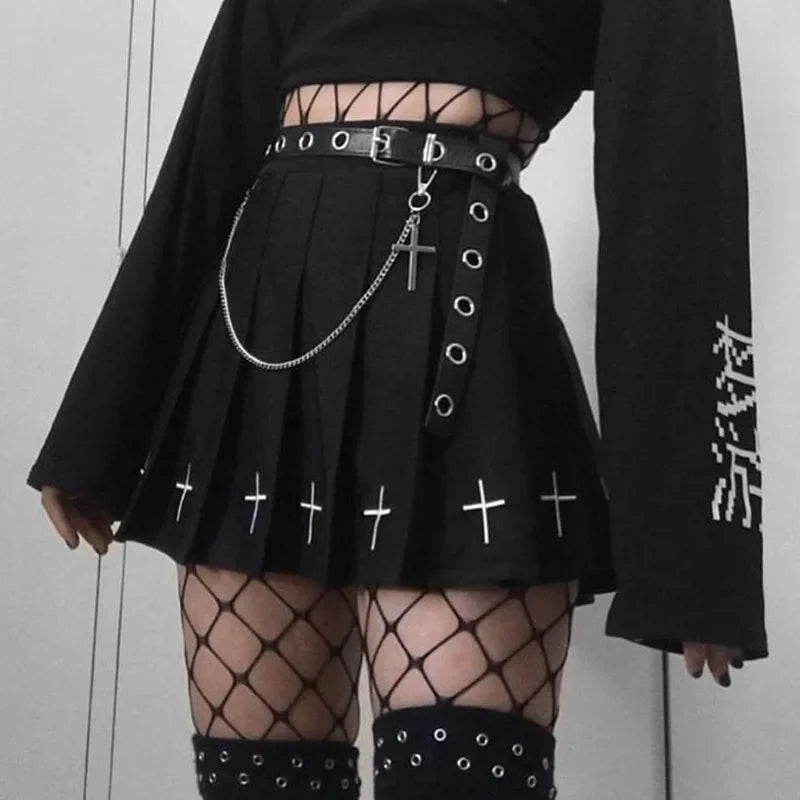 Black/white High Waist Mini Skirts Cross Print