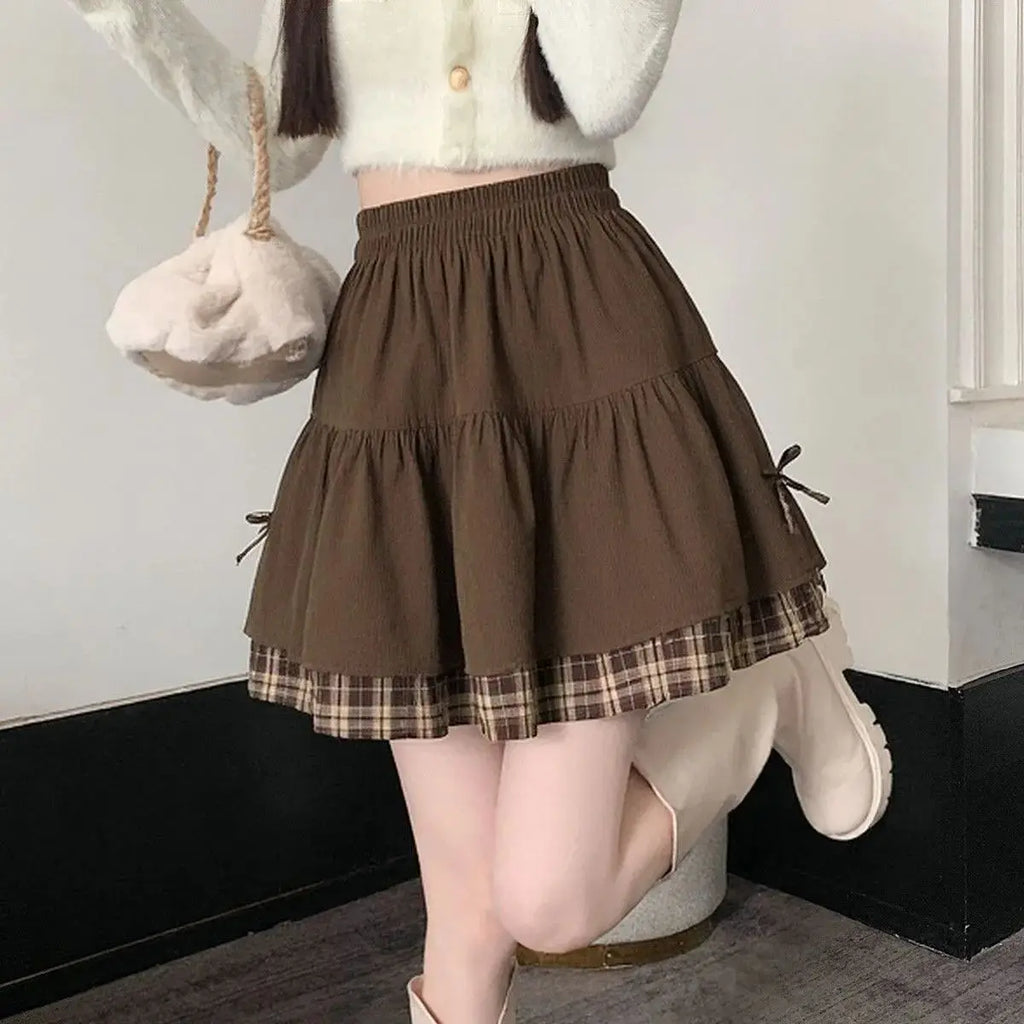 Brown Plaid Layered Mini Skirt with Bow Details