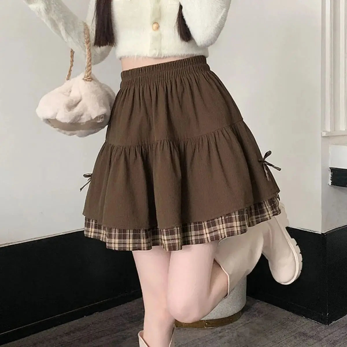 Brown Plaid Layered Mini Skirt with Bow Details