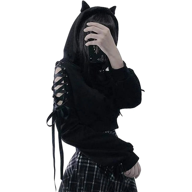 Y2K Gothic Cat Ear Crop Top Hooded Sweatshirt