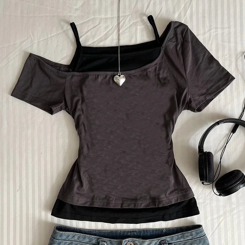 Y2K fake Two Pieces American Sweet Short Sleeved T-shirt
