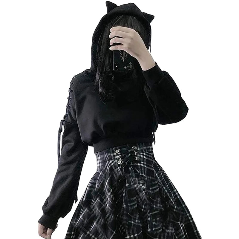 Y2K Gothic Cat Ear Crop Top Hooded Sweatshirt