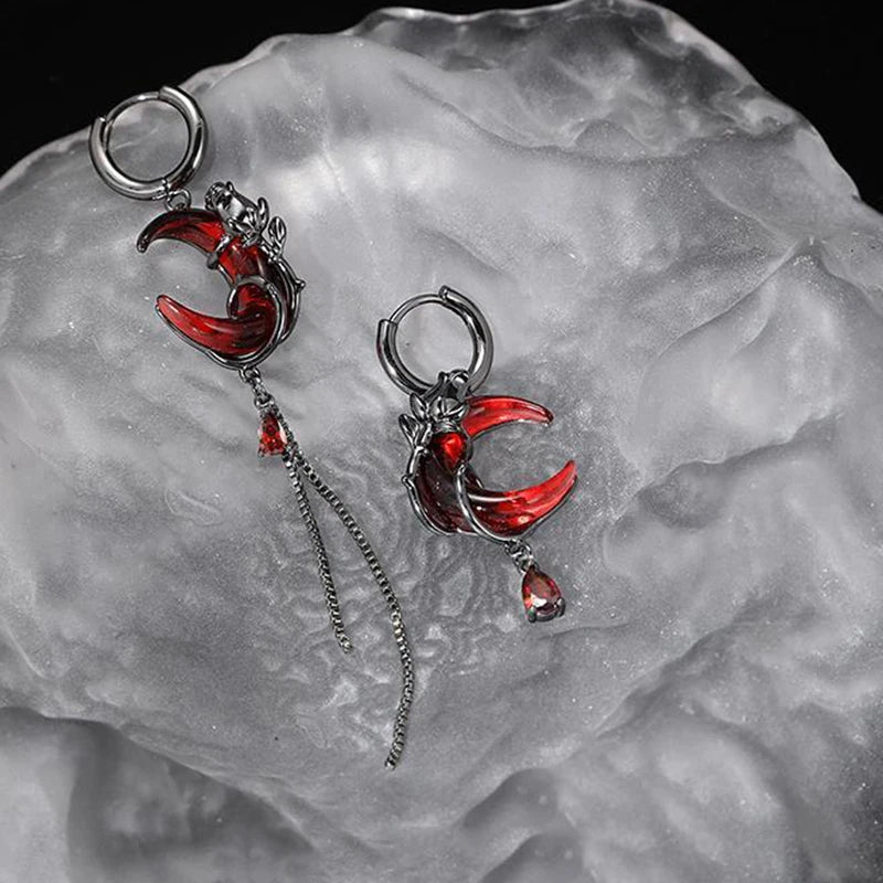 Red Moon Gem Asymmetric Earrings