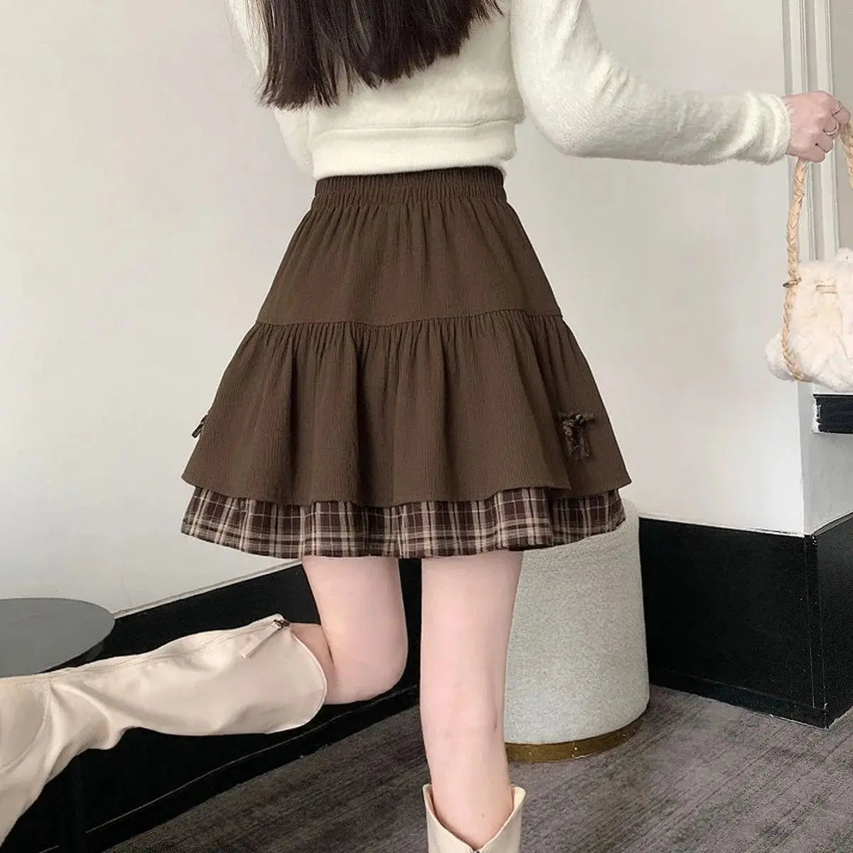 Brown Plaid Layered Mini Skirt with Bow Details