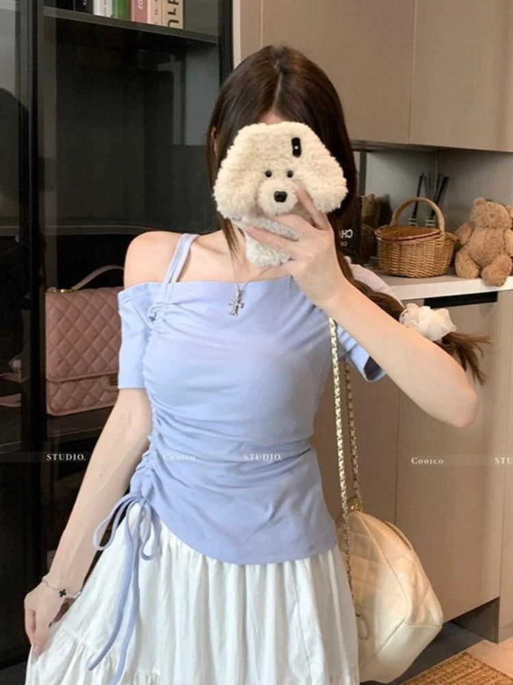 Sweet One shoulder Drawstring Short sleeve T shirt