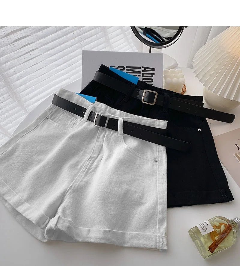Korean High Waist Denim Shorts With Belt