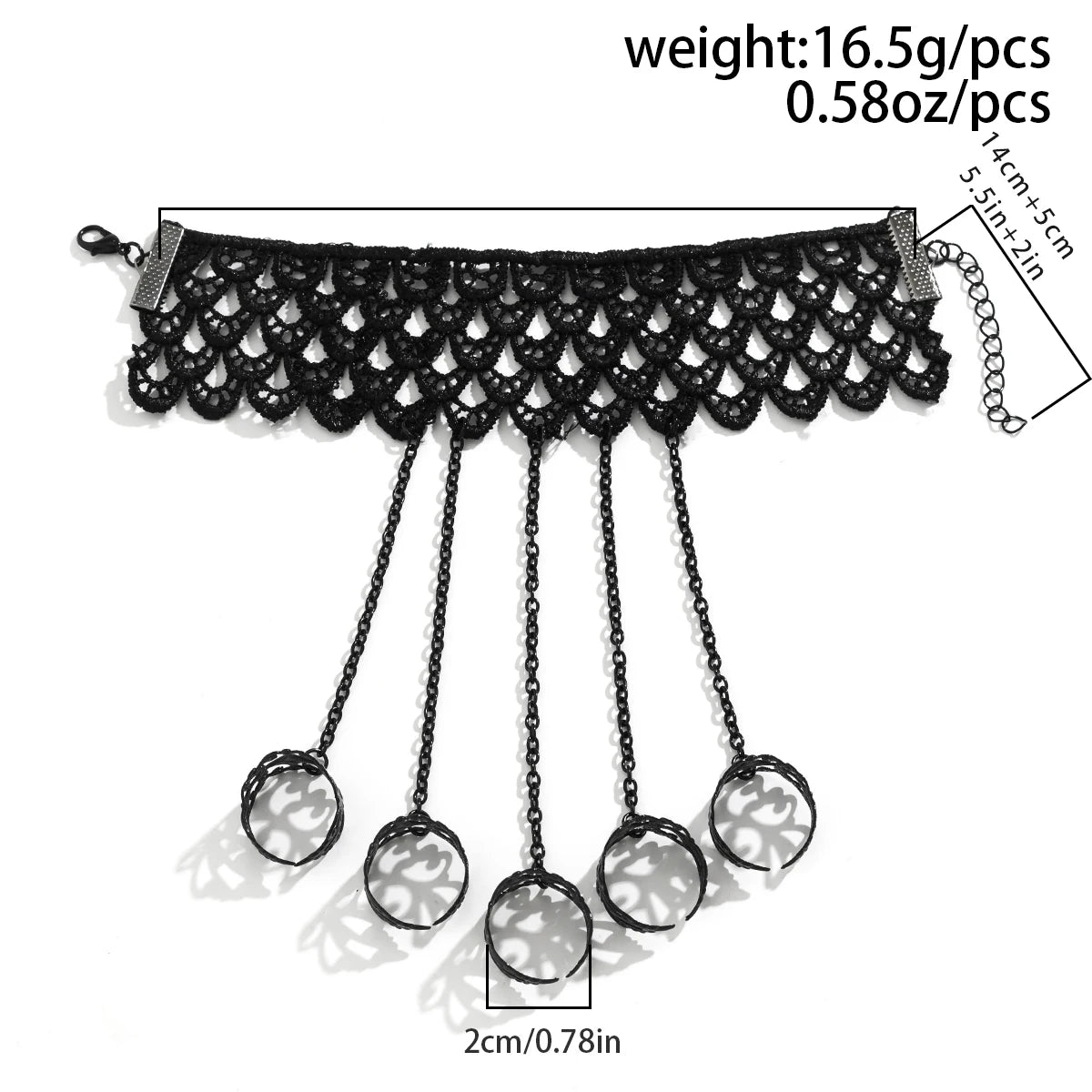 IngeSight.Z Gothic Black Open Ring Lace Long Link Chain Bracelet