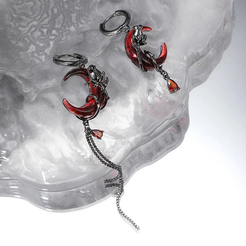 Red Moon Gem Asymmetric Earrings