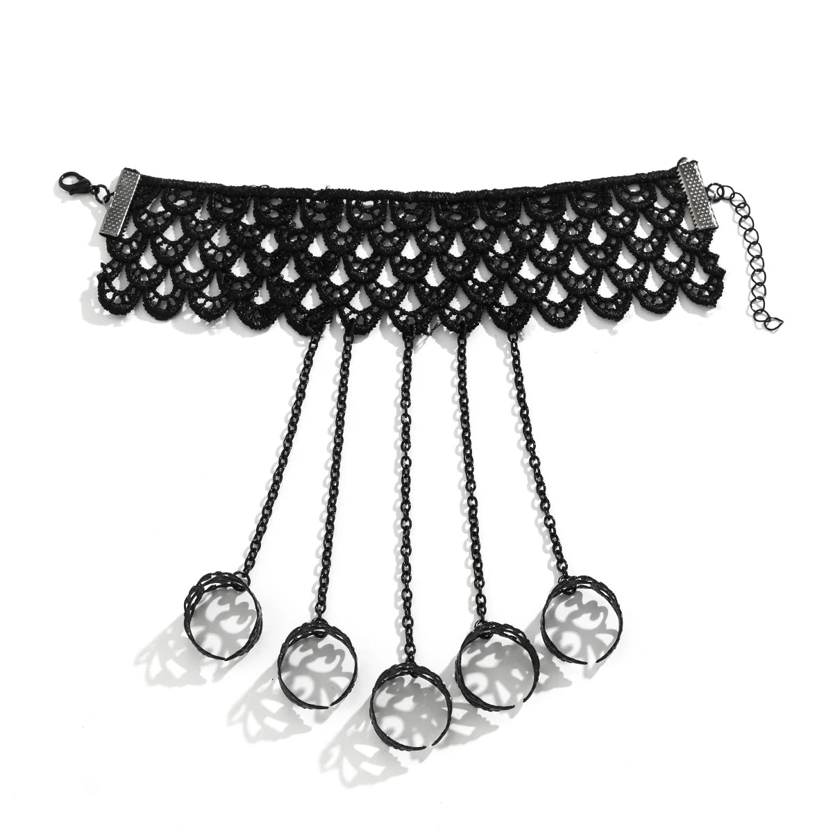 IngeSight.Z Gothic Black Open Ring Lace Long Link Chain Bracelet