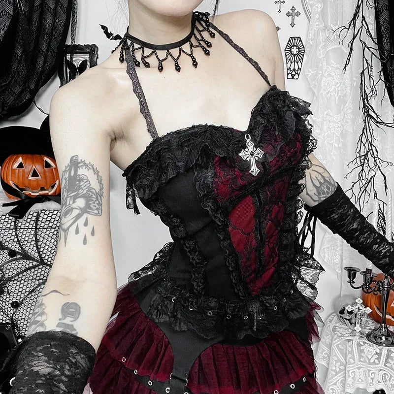 Y2K Skeleton Printed Black Corset/ Crop Top