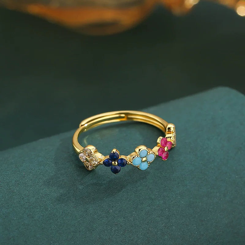 925 Sterling Silver Colorful Four-Leaf Petal Ring