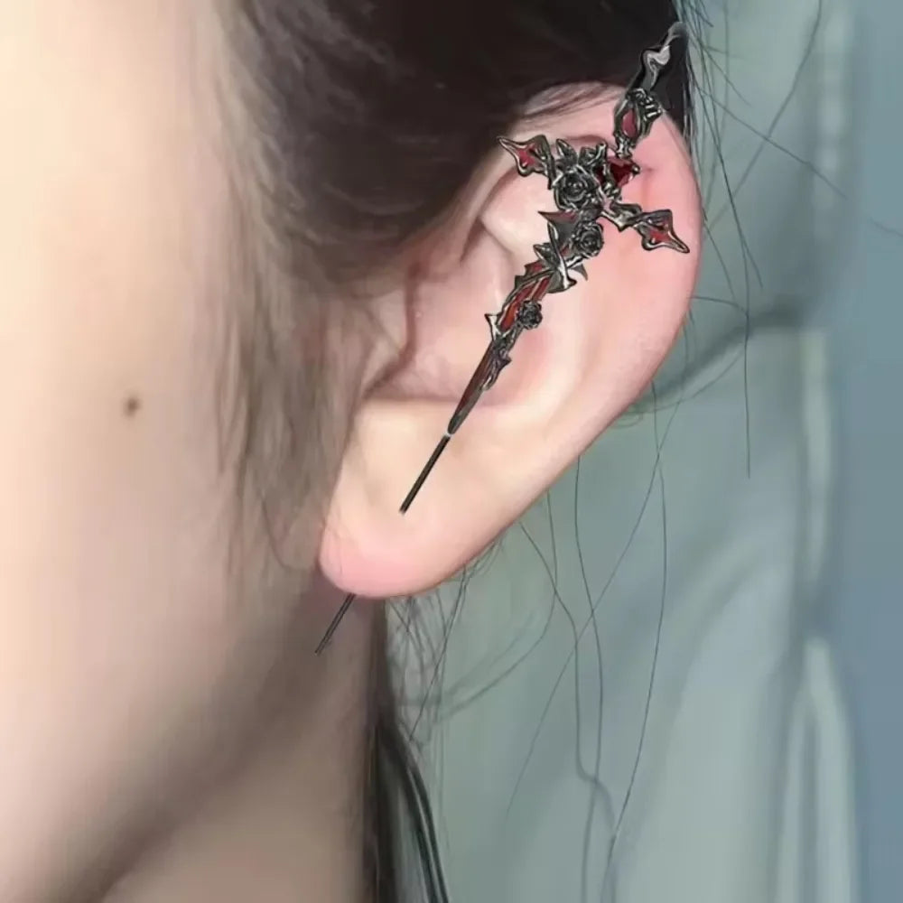 Dark Gothic Rose Cross Thorn Earring