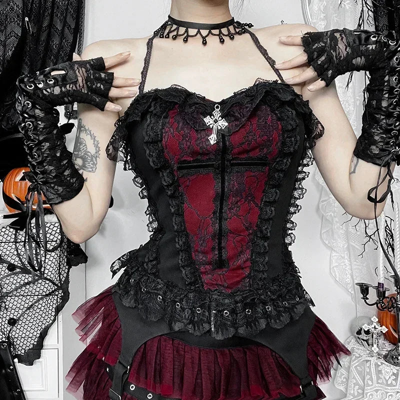Y2K Skeleton Printed Black Corset/ Crop Top