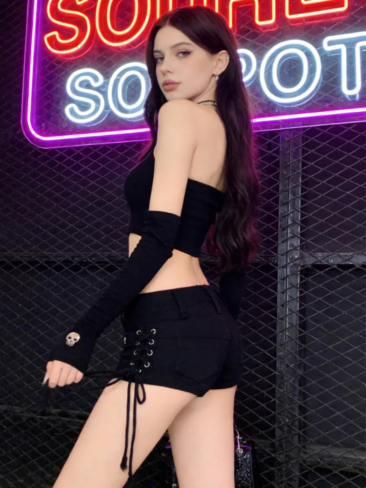 Black Gothic Denim Shorts