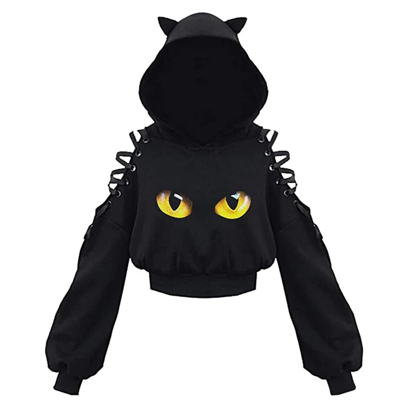 Y2k Gothic  Cat Ear Crop Top Hooded Sweatshirt