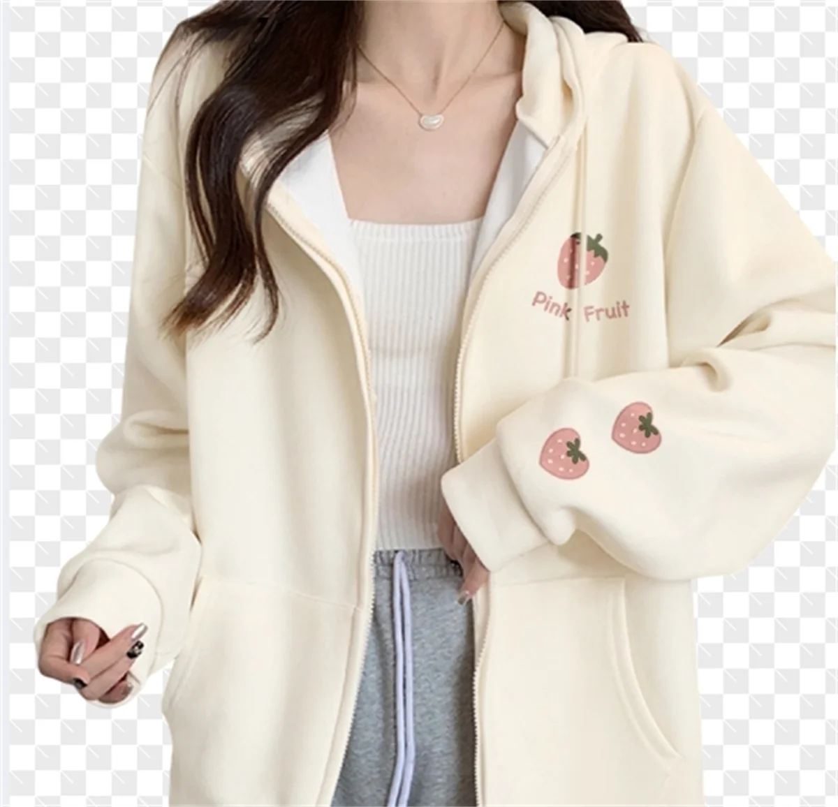 Strawberry Print Zipper Hooded Jacket