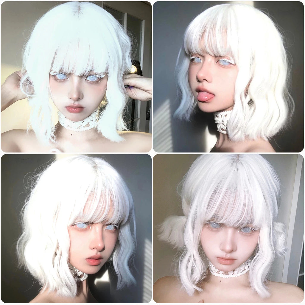 Short Curly Wavy White Synthetic Wig