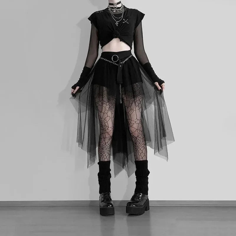Punk Net Yarn High-Waisted Asymmetric Skirt