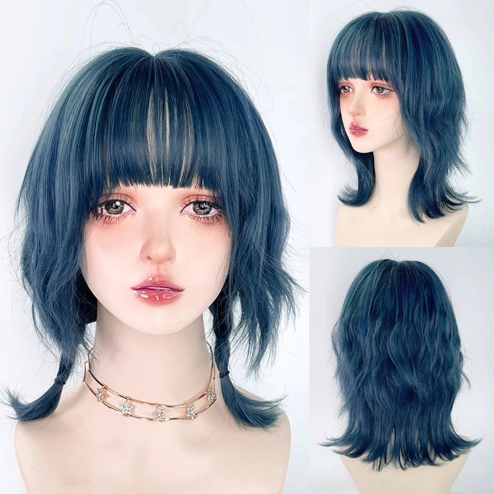 Blue Synthetic Mullet Head Wig