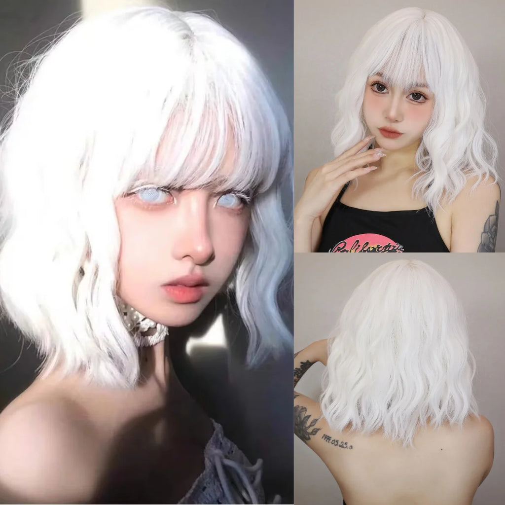 Short Curly Wavy White Synthetic Wig