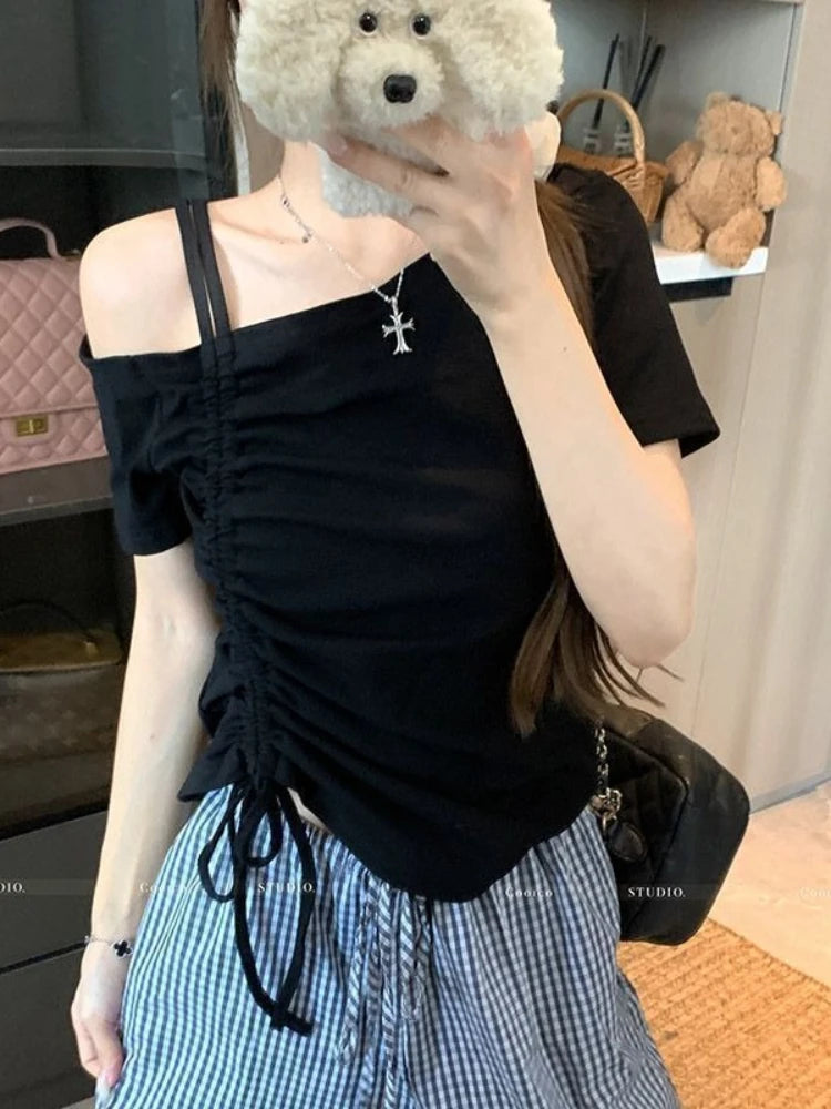 Sweet One shoulder Drawstring Short sleeve T shirt