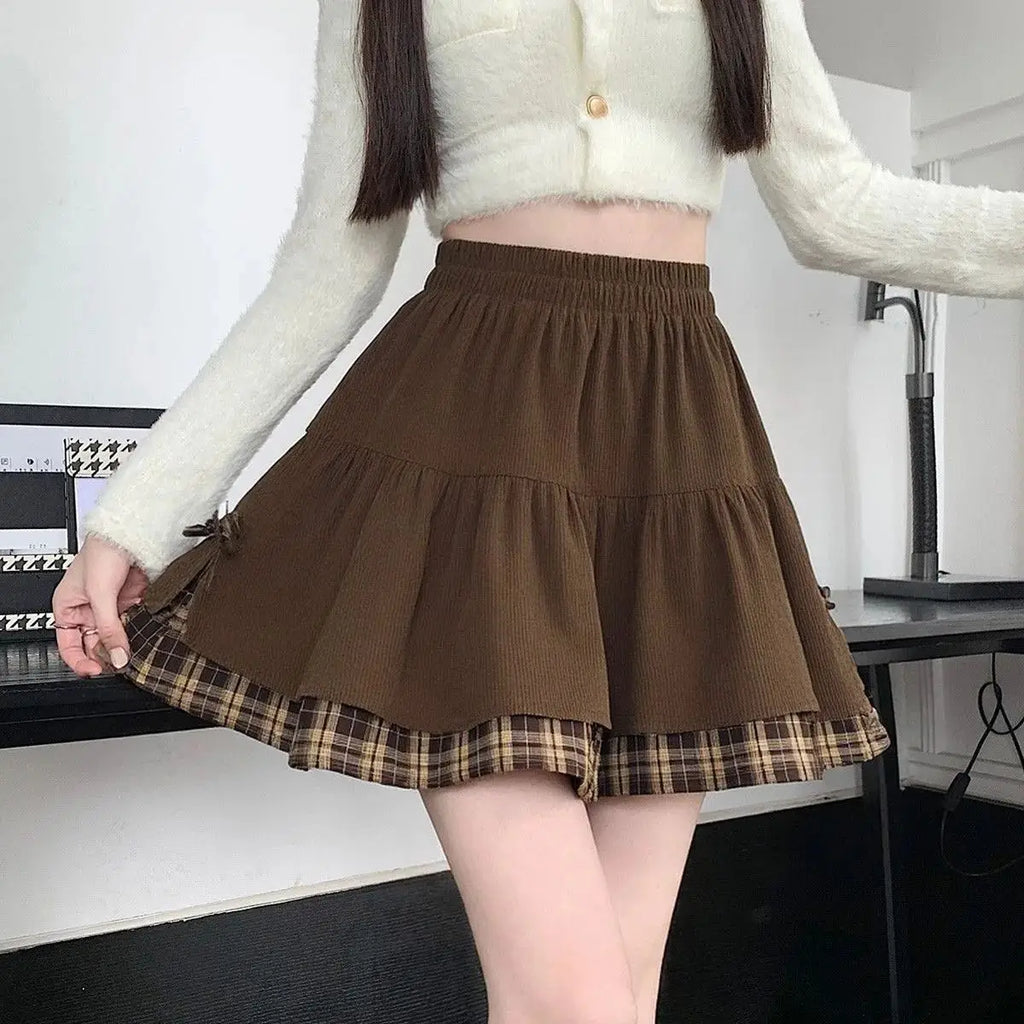 Brown Plaid Layered Mini Skirt with Bow Details