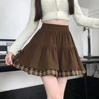 Brown Plaid Layered Mini Skirt with Bow Details