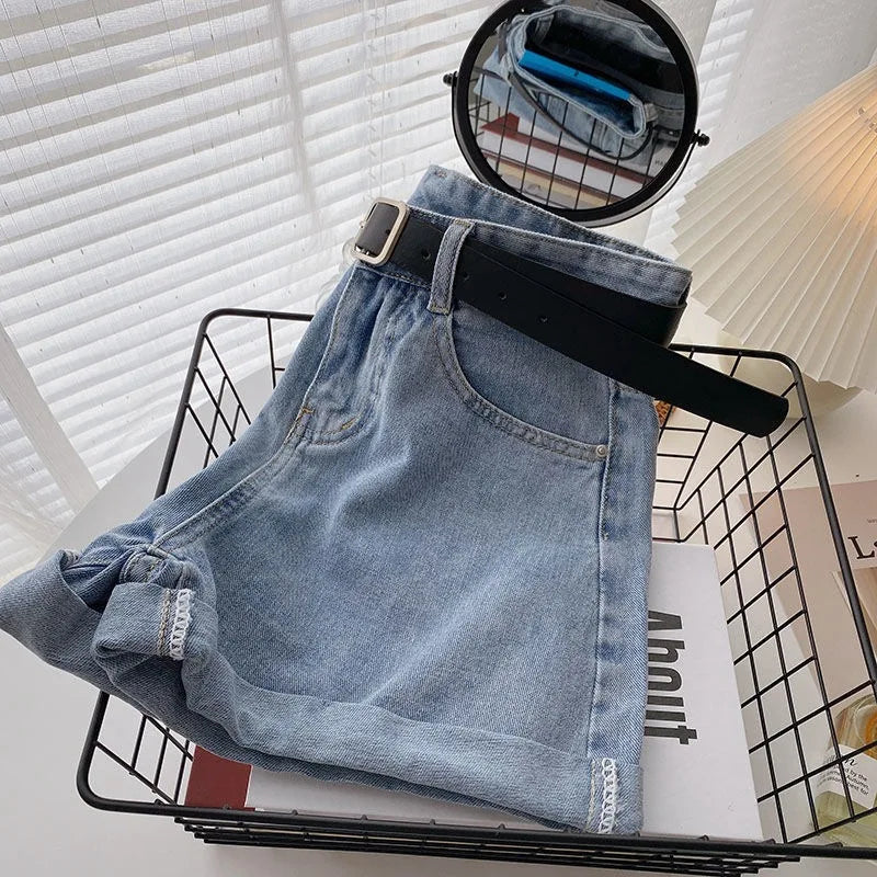 Korean High Waist Denim Shorts With Belt