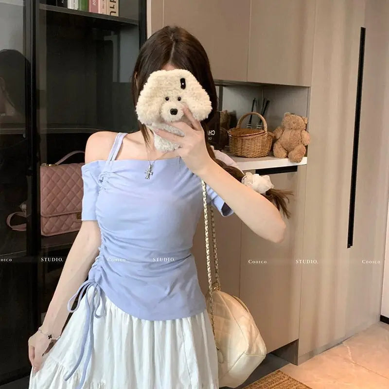 Sweet One shoulder Drawstring Short sleeve T shirt